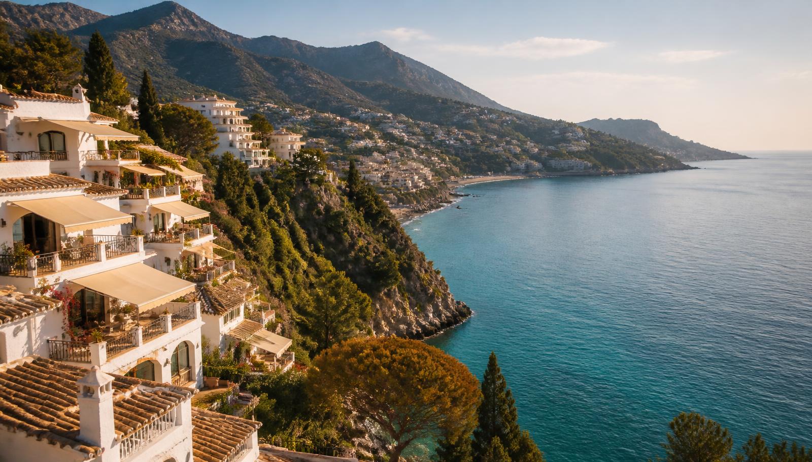 Vista de la costa mediterránea de la Costa Blanca con viviendas y terrazas con toldos